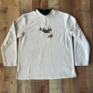 C&B Sport Beige Fleece Pullover Cabin & Moose Embroidery Long Sleeve Winter Top